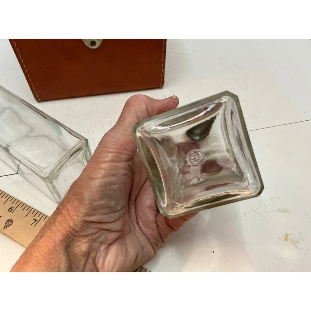 Vintage Travel Bar Set 3 Glass Decanters Bourbon Scotch Gin Faux Leather Case